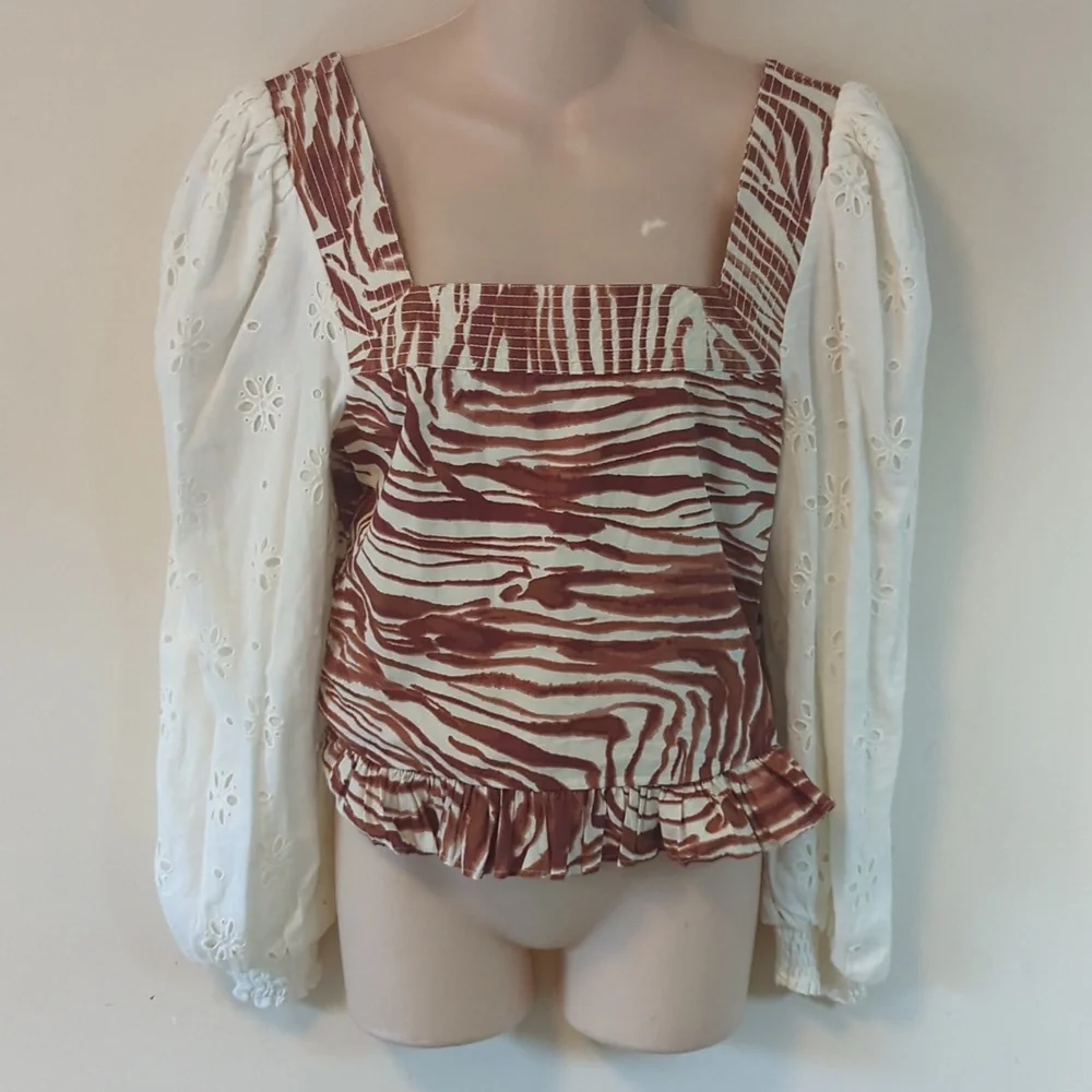 Anthropologie Love the Label Smocked Puff-Sleeve Blouse M